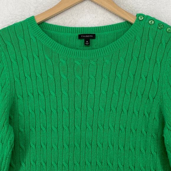 TALBOTS Sweater M Lambswool Blend Cable Ribbed Jumper Button Shoulder Green - Picture 3 of 11